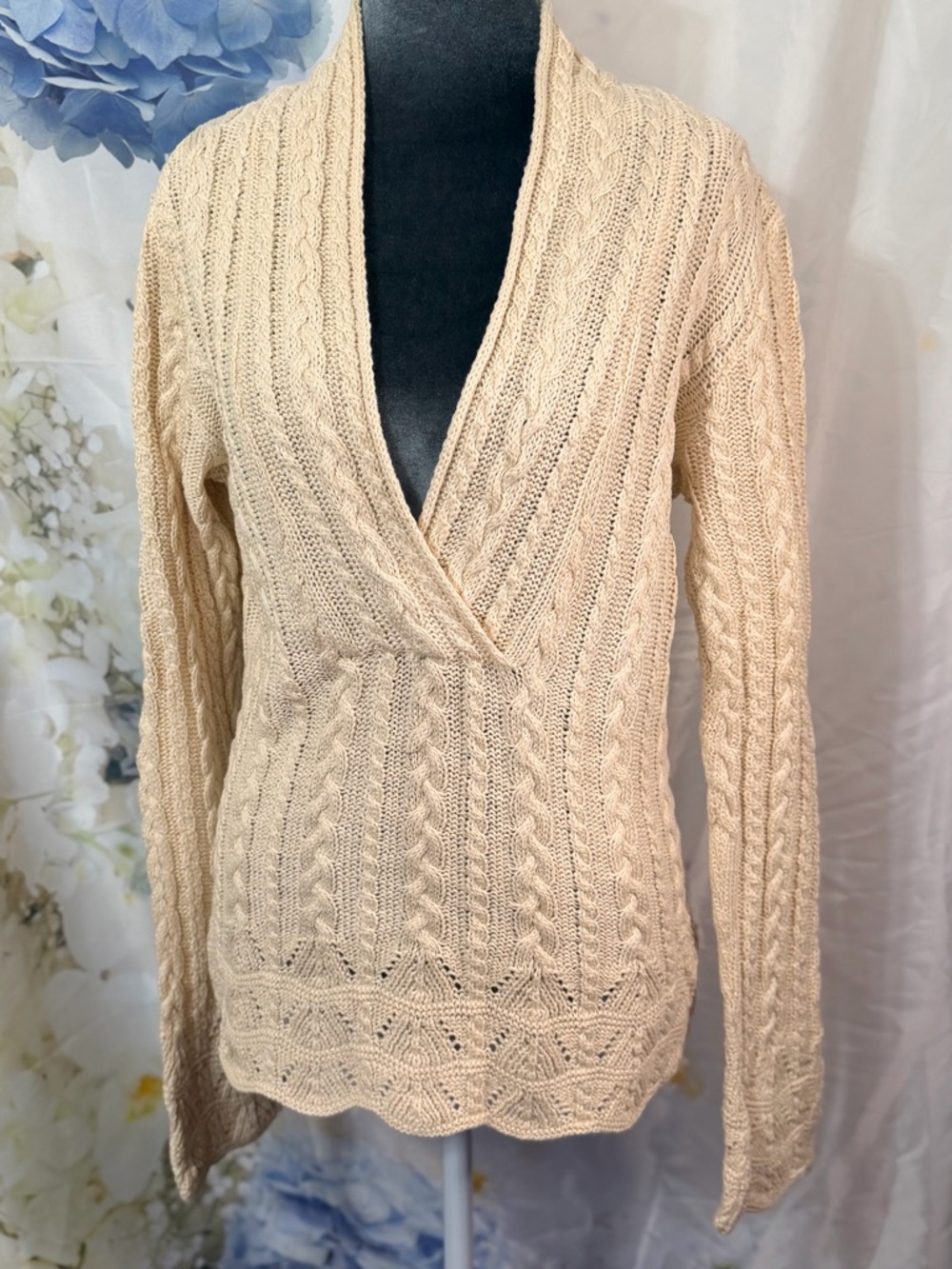 Lauren Ralph Lauren Cream Cable-Knit V-Neck Pullover Crochet Bell sleeve VTG Y2K